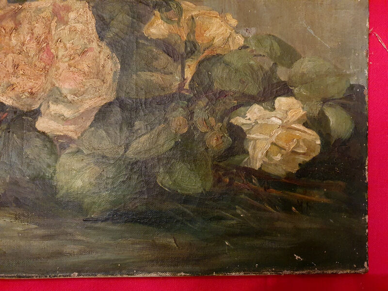 Oil On Ancient Canvas Bouquet De Roses