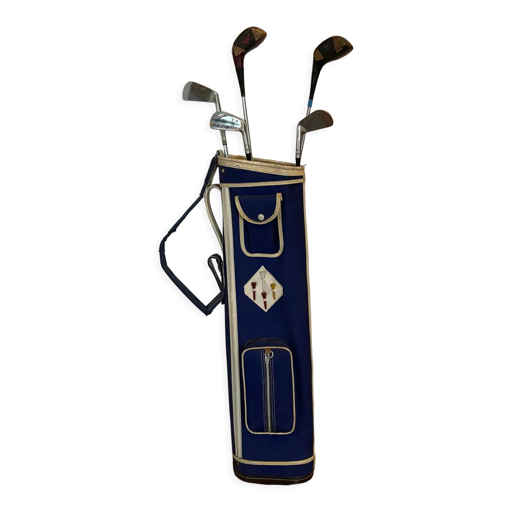 Golf bag filled with 5 vintage clubs