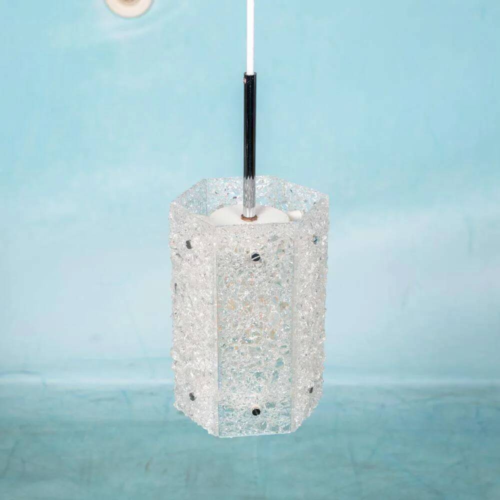 Vintage hexagonal glass and chrome pendant lamp from the 1960s.