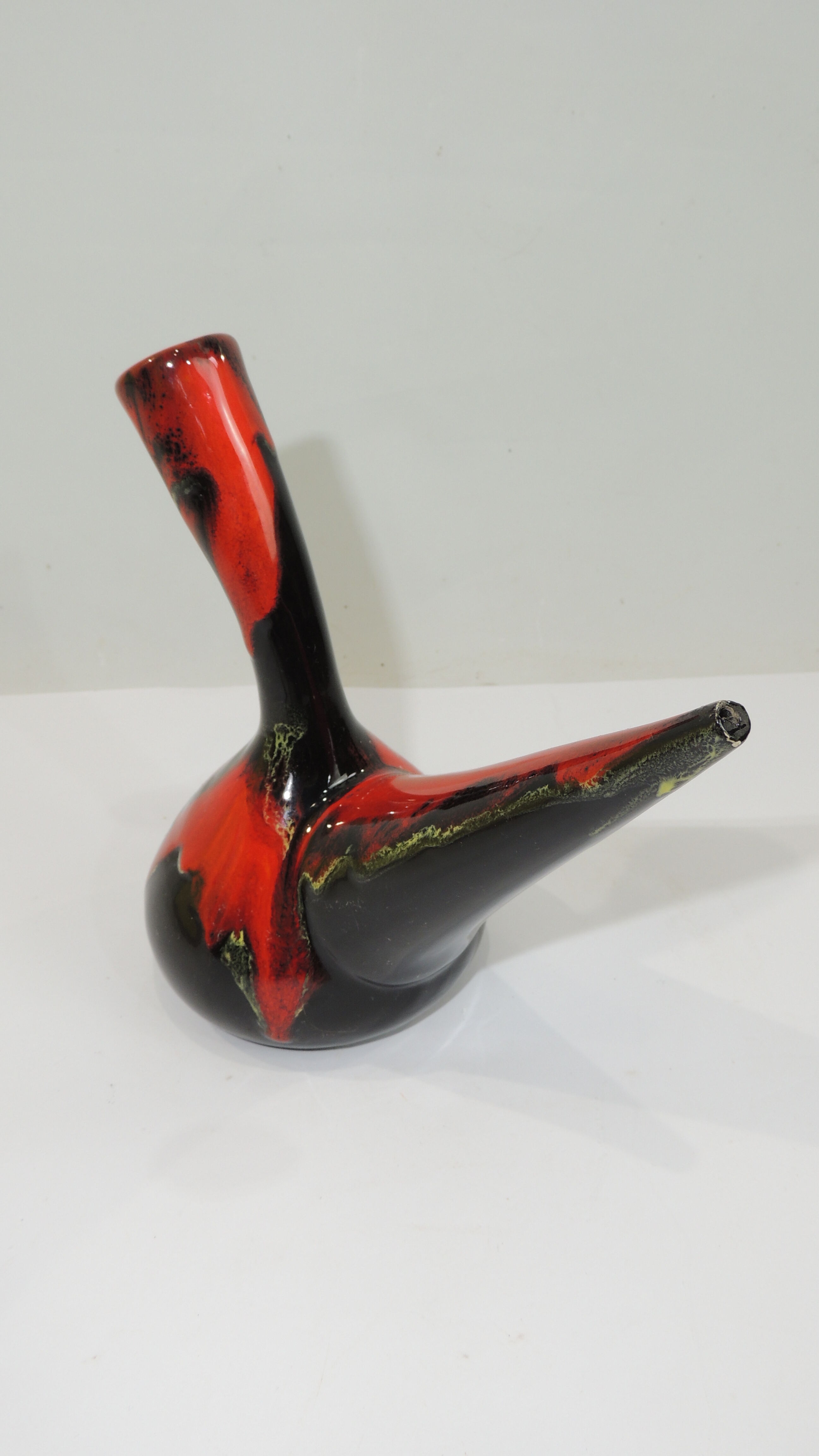 Glazed ceramic porron / Mid-century oil vase from Perpignan France black red and jau