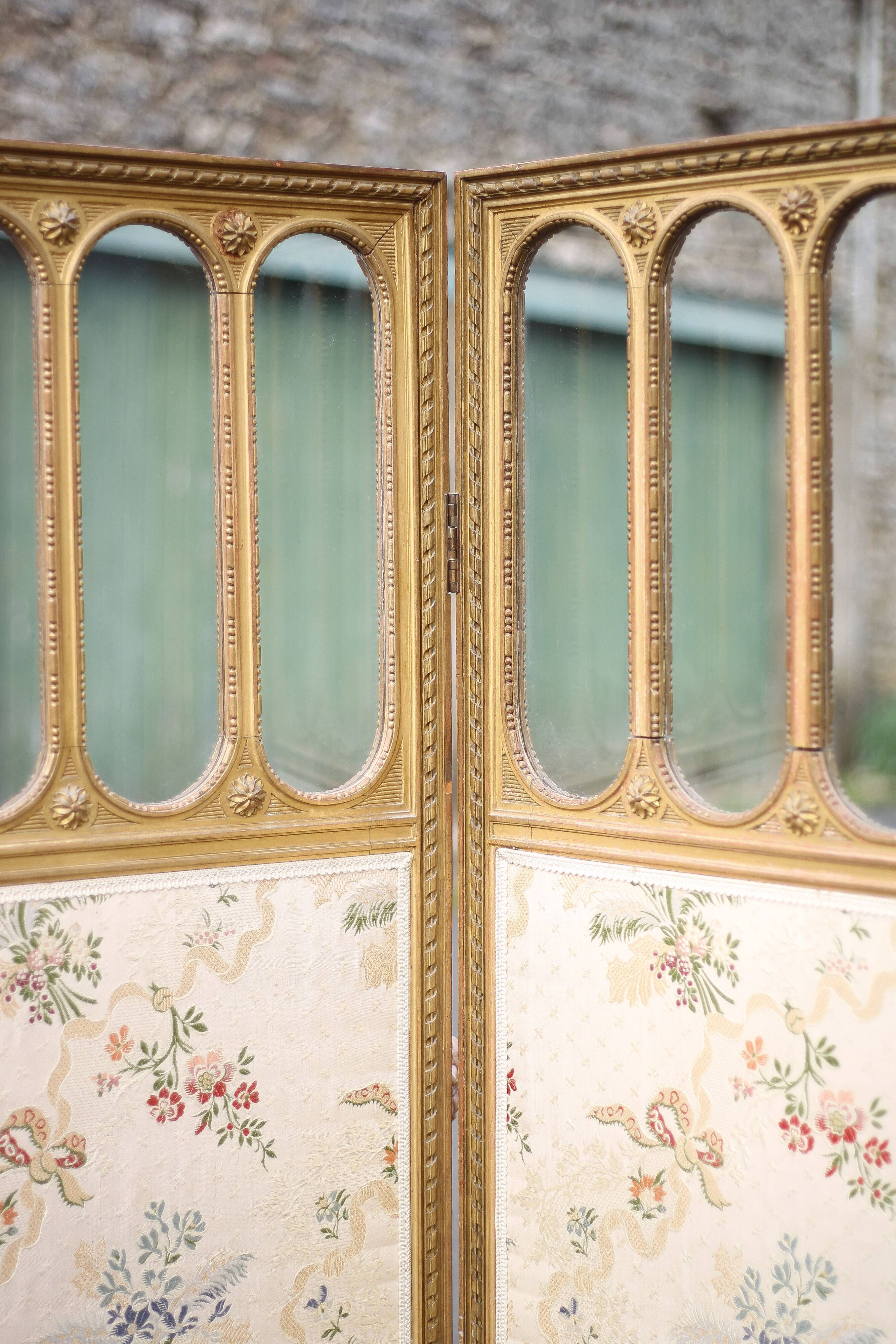 Vintage screen, old 3-panel screen, molded wood and fabric screen