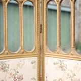 Vintage screen, old 3-panel screen, molded wood and fabric screen