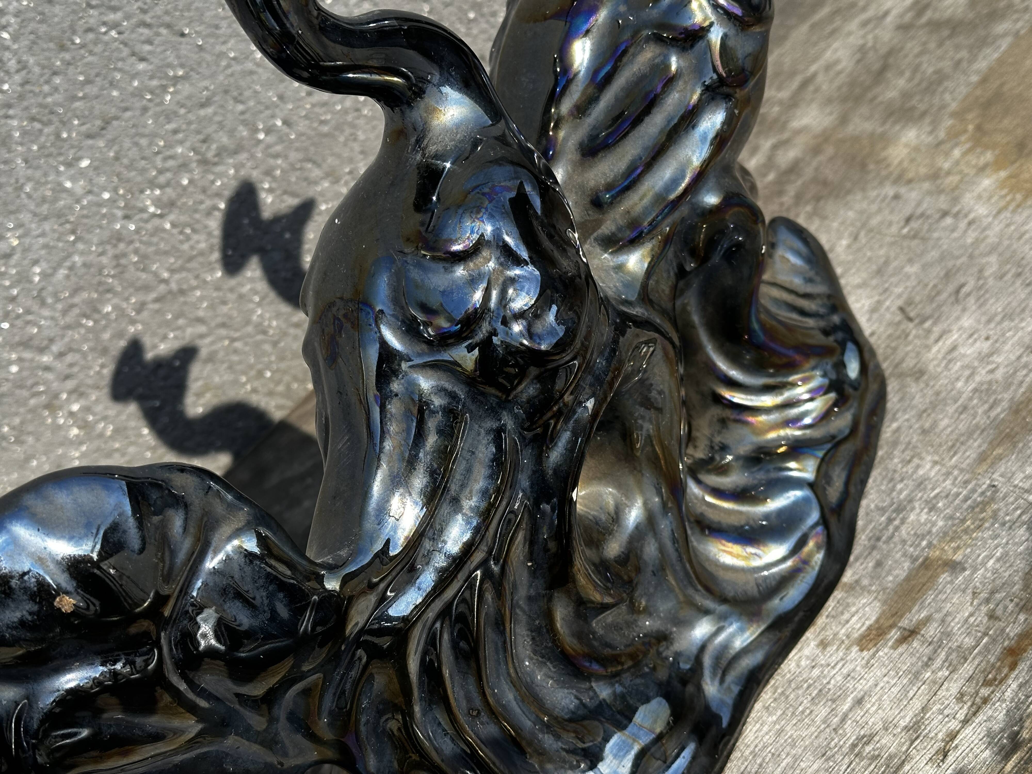 Centerpiece Pair of Peacocks Ceramic Vallauris Iridescent Anthracite Grey