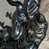 Centerpiece Pair of Peacocks Ceramic Vallauris Iridescent Anthracite Grey