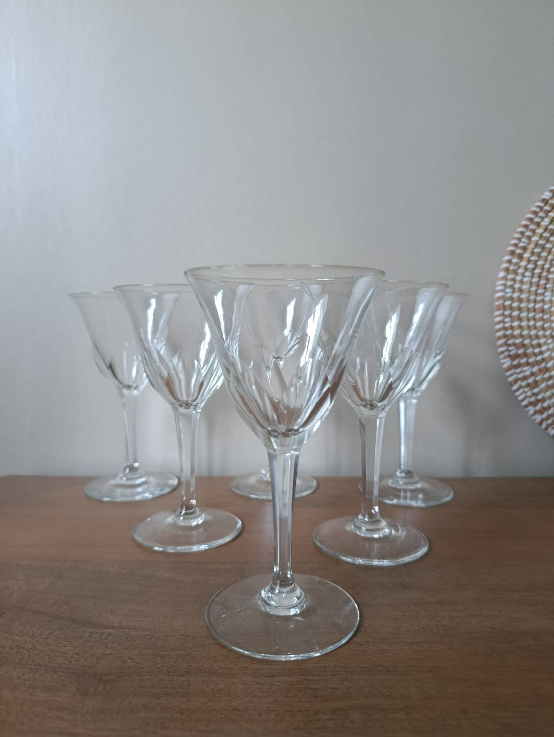 6 crystal water/wine glasses with flat ribs, vintage
