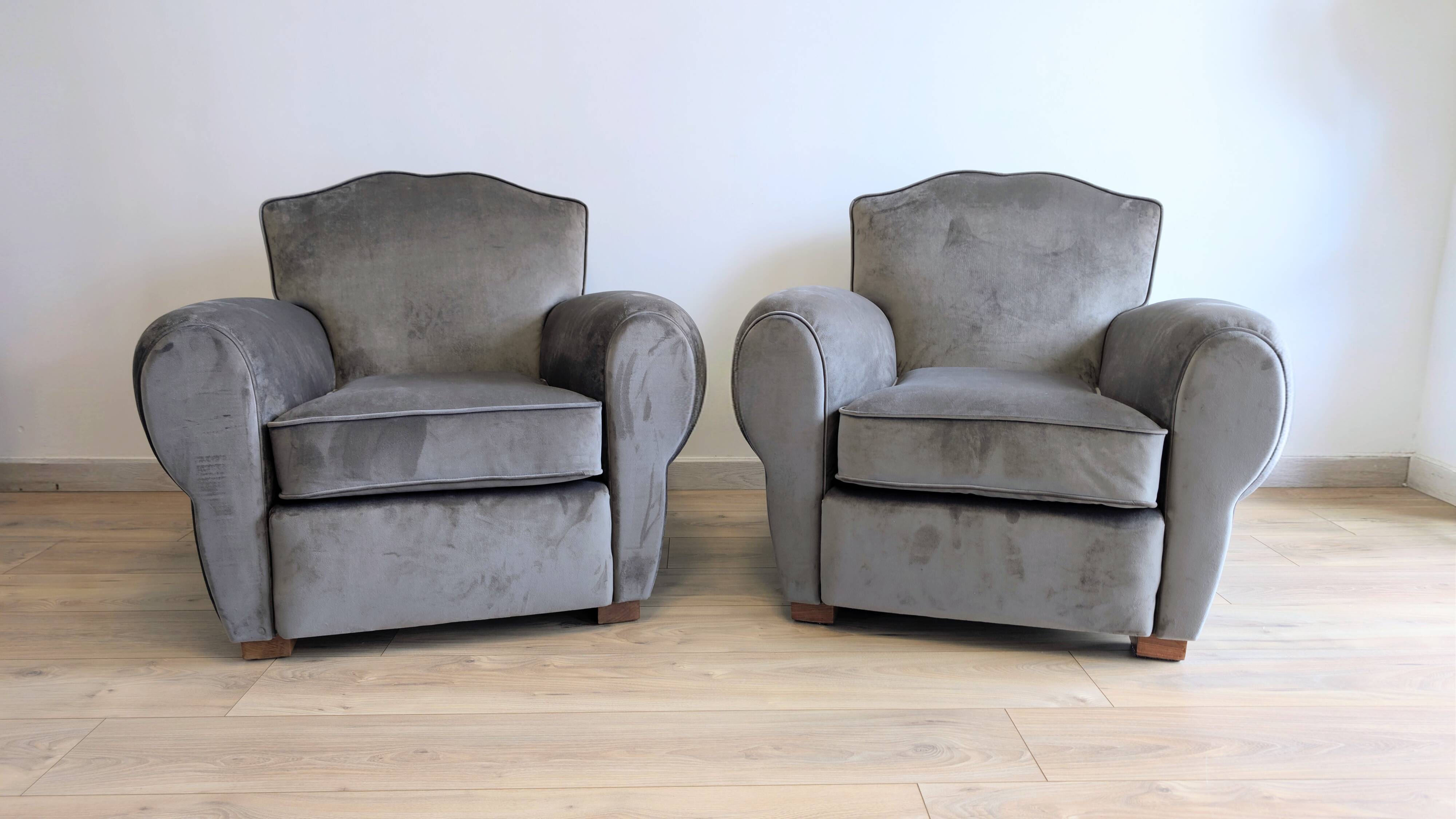 Pair of moustache club armchairs in elephant grey velvet.