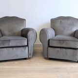 Pair of moustache club armchairs in elephant grey velvet.