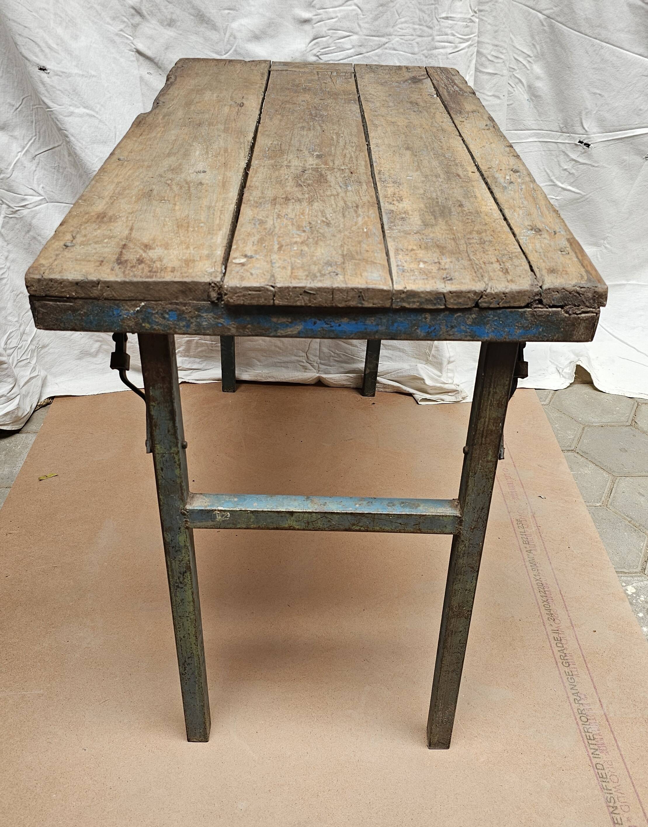 Folding workshop table in teak and wrought iron