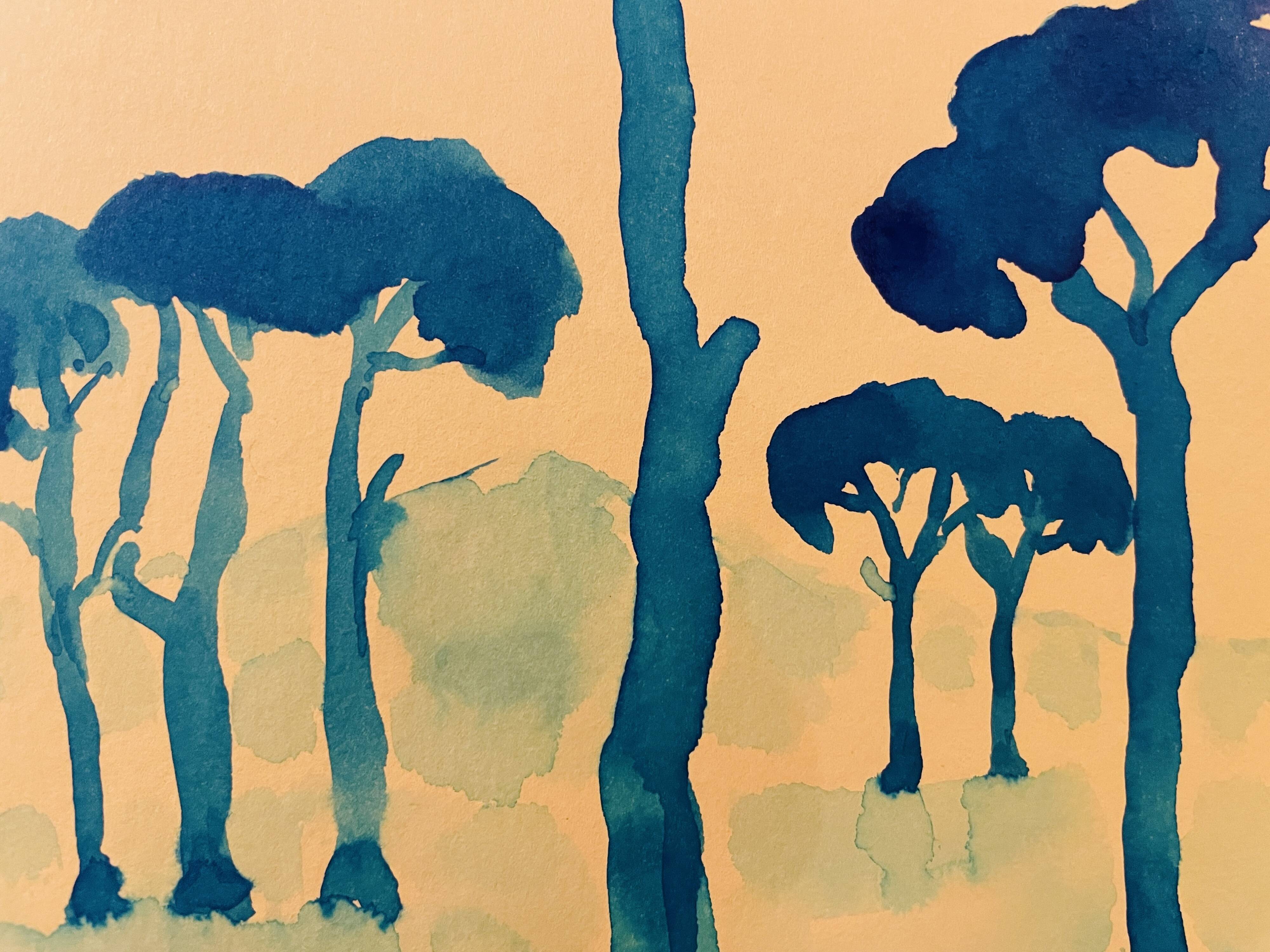 Tableau signé aquarelle coucher de soleil sur le Mont Ventoux Provence