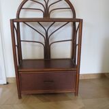 Vintage–Beautiful Bibus-Floor Shelf–Bookcase–Rattan Bamboo and Wood–1 Drawer and 2 Tiers