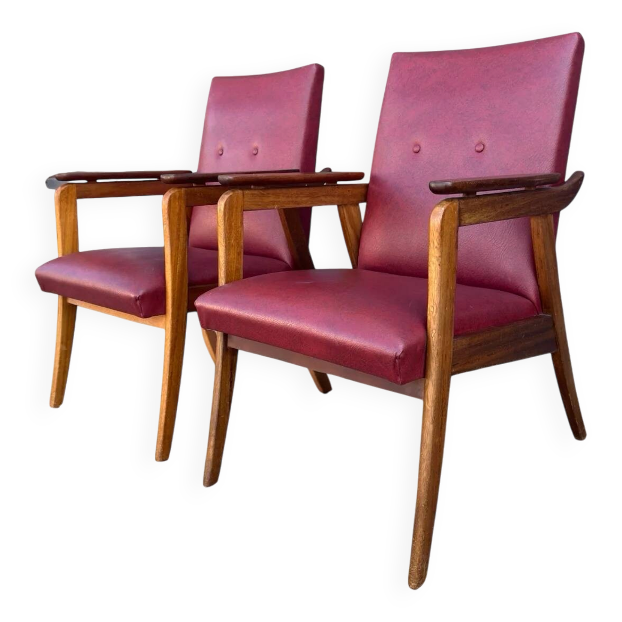 Vintage design armchair set – red skai and teak (1960s)