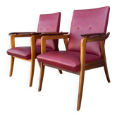 Vintage design armchair set – red skai and teak (1960s)