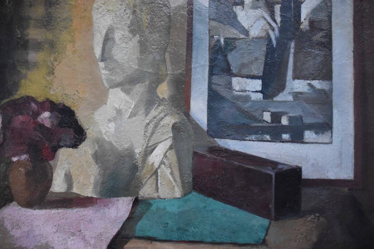 Roger Cortet (1910-1978) Still Life with White Sculpture Oil on Canvas Signed