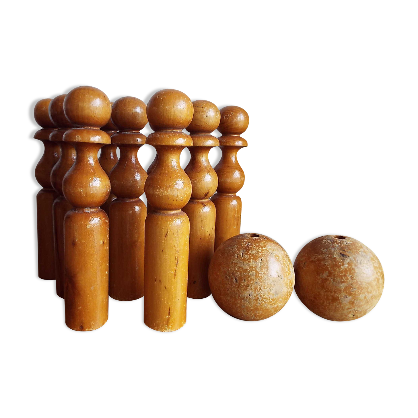 Set of 9 turned wooden pins