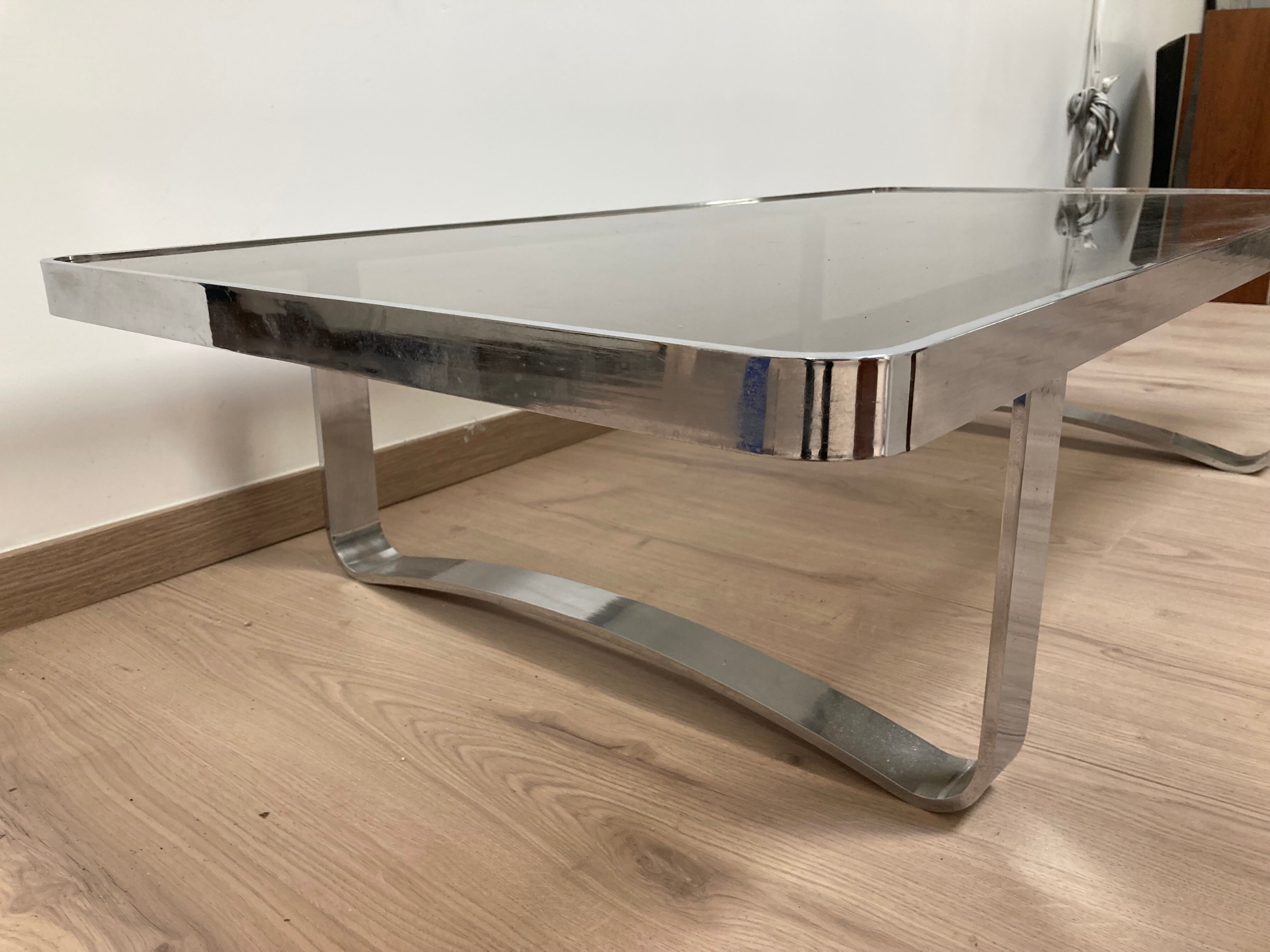 Coffee table design bronze chrome thick smoked glass circa 1970