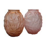 Pair art deco frosted glass vases with geometric pattern