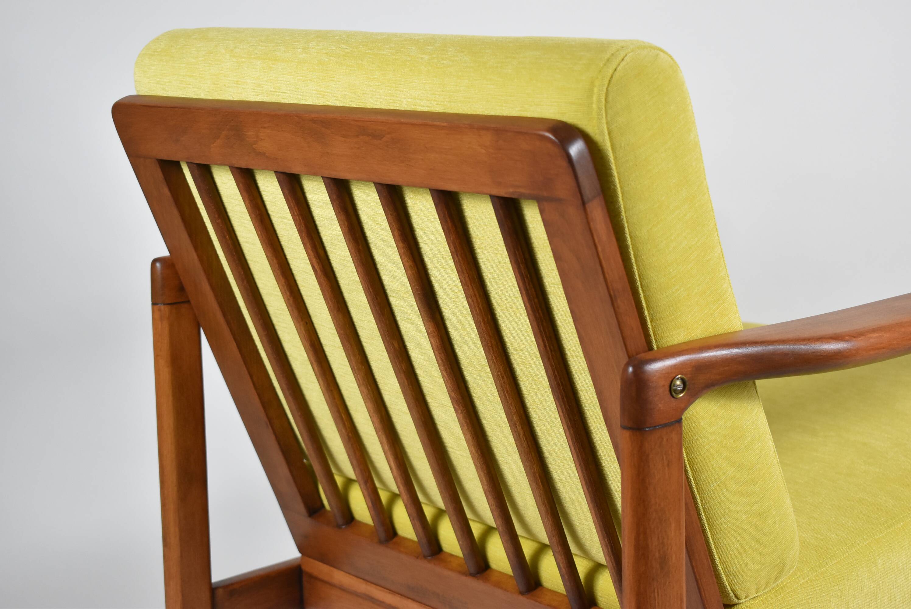 Scandinavian restored armchair, original 60s icon, yellow, teak