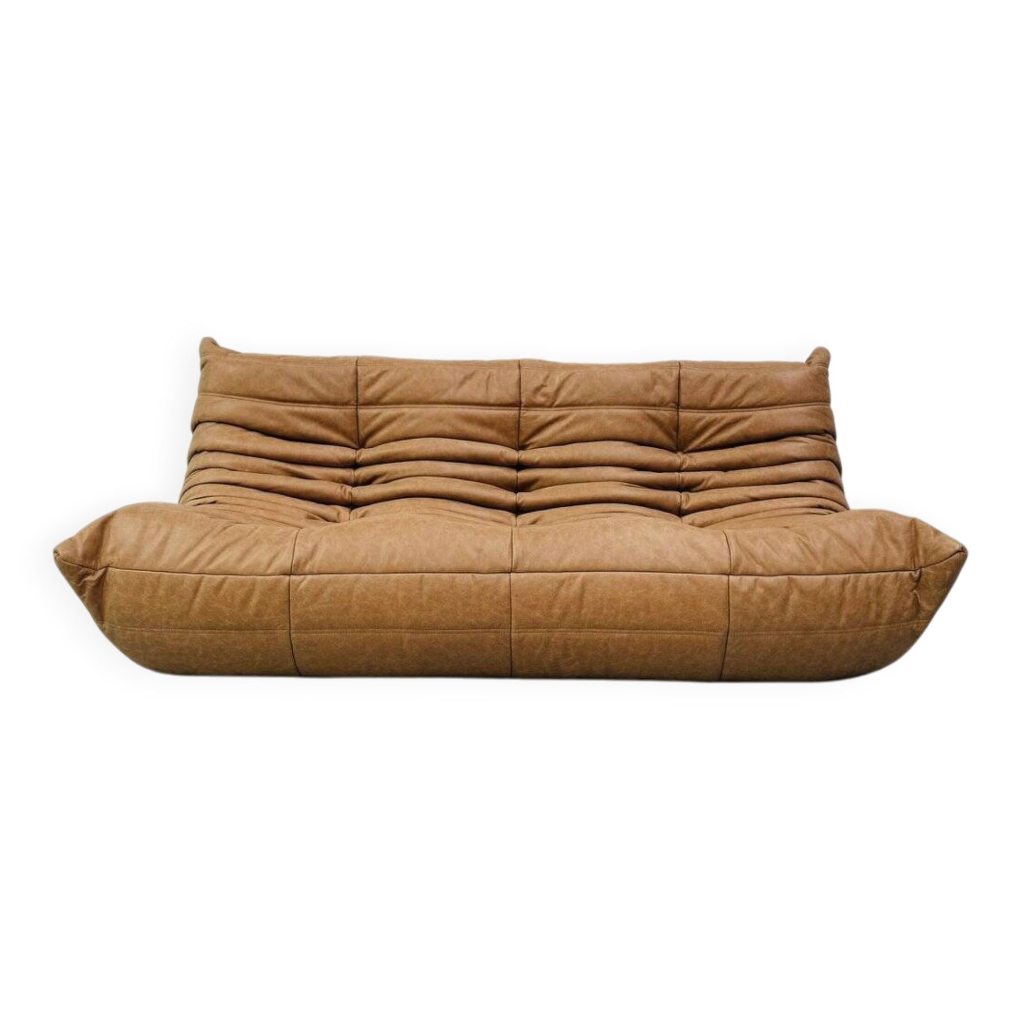 French Togo 3-seater sofa in camel leather attributed to Michel Ducaroy for Ligne Roset