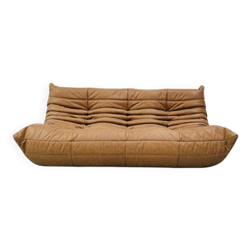 French Togo 3-seater sofa in camel leather attributed to Michel Ducaroy for Ligne Roset