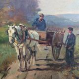 Oil on canvas countryside and cart