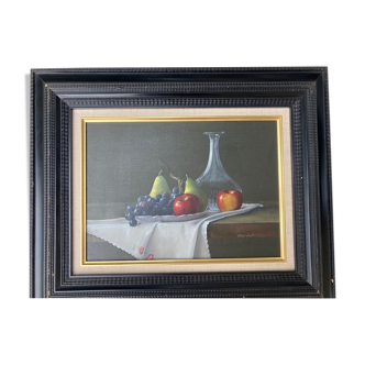 Painting by charles henri colombert - still life: : pears, grapes, apples and pretty carafe.