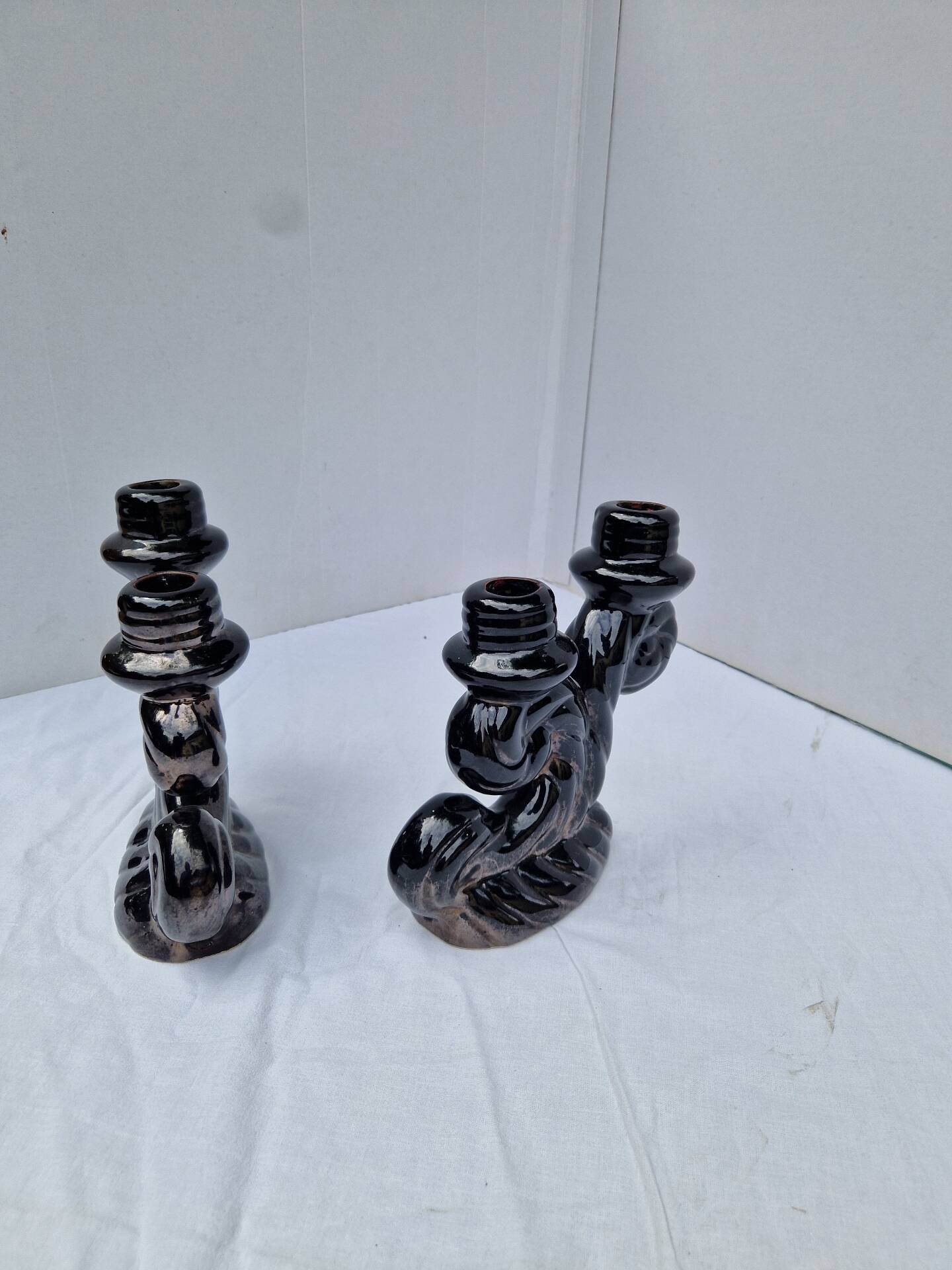 Set of 2 vintage two-light candle holders in Vallauris ceramic design.