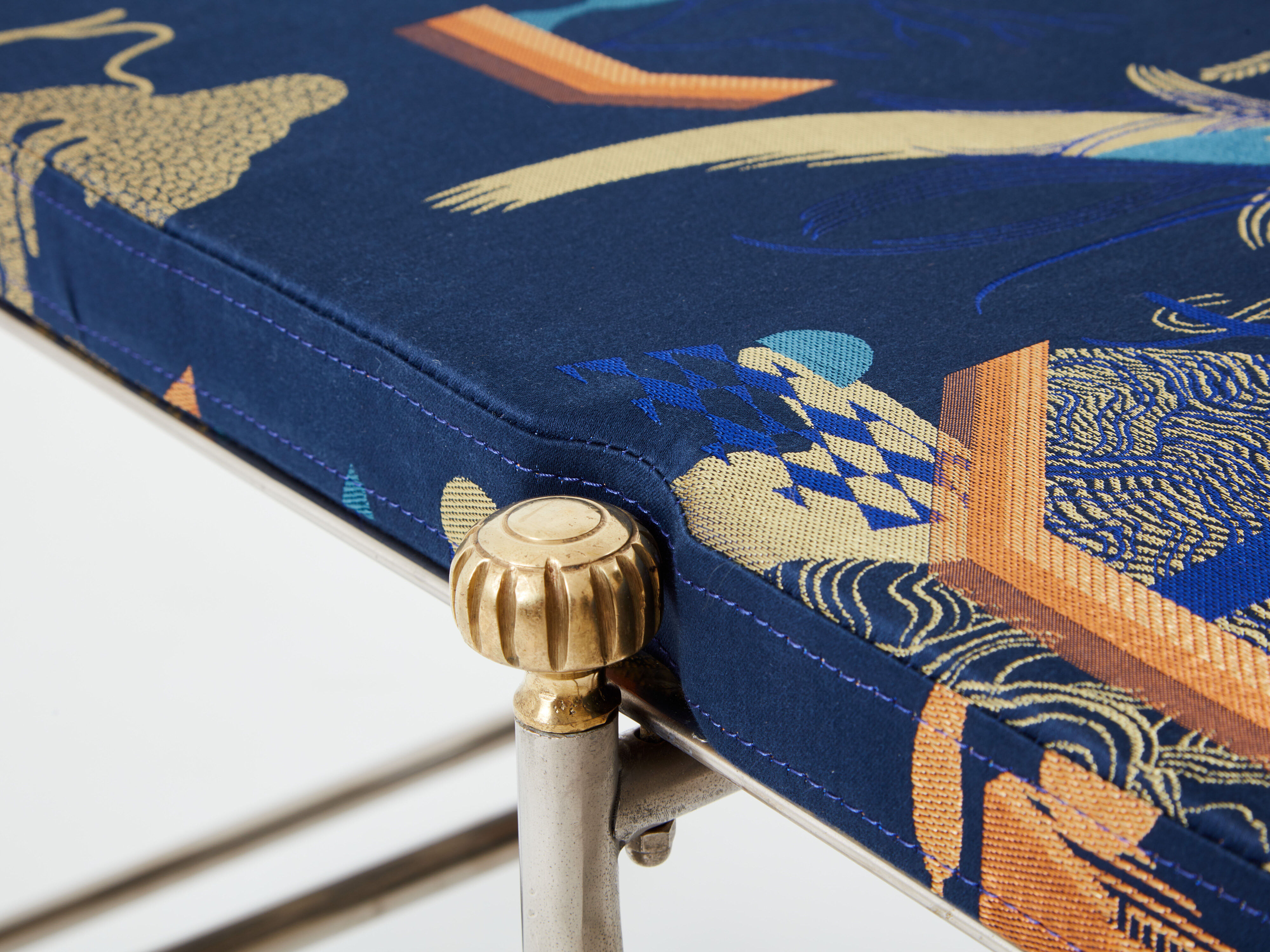 Brass jacquard steel curule bench from Maison Jansen circa 1960