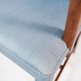 Armchair in mahogany and upholstered with light blue fabric by Fritz Hansen