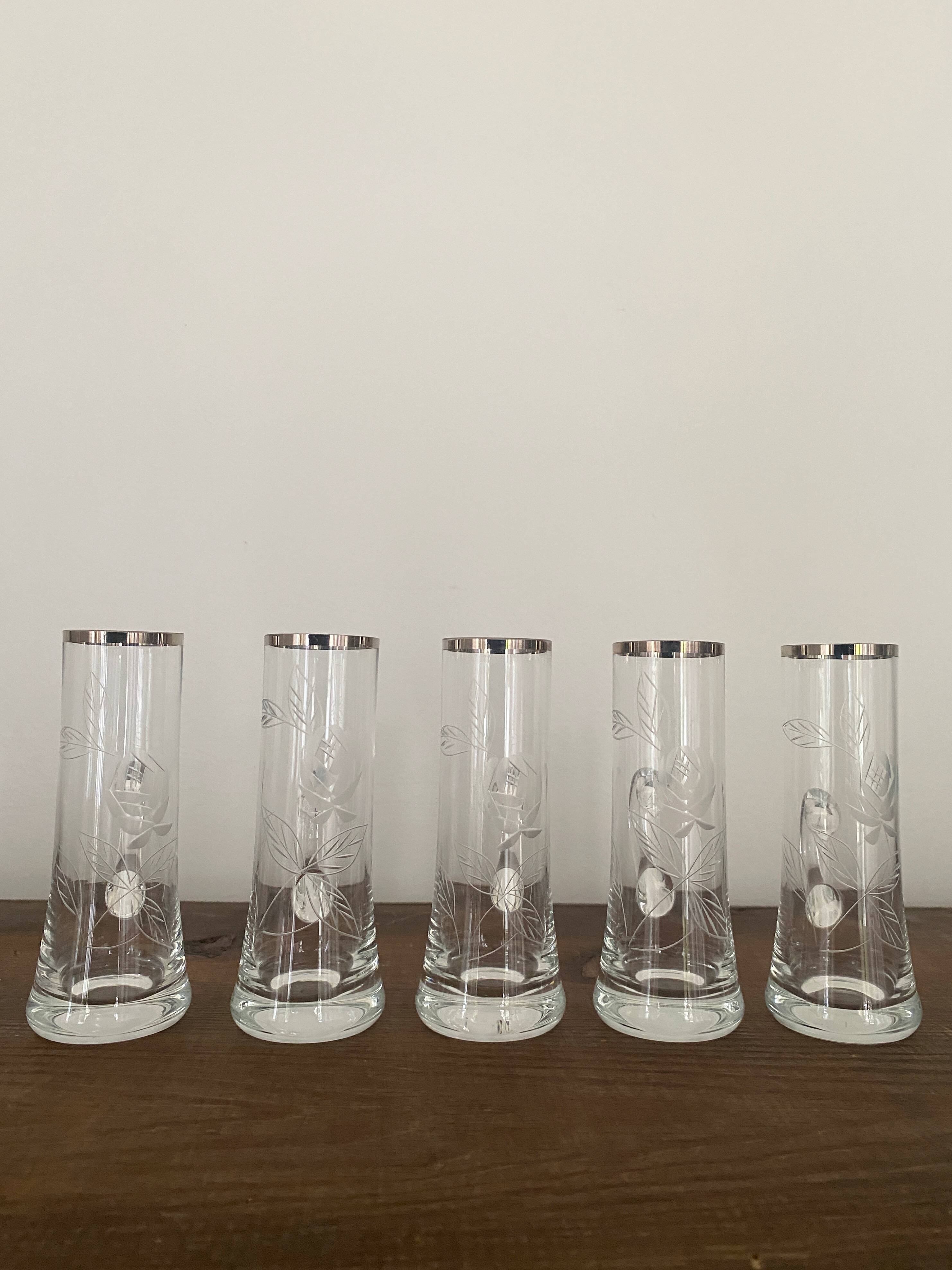 5 vintage shot, liqueur, digestive glasses, with transparent glass handle engraved with a rose