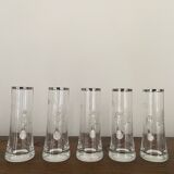 5 vintage shot, liqueur, digestive glasses, with transparent glass handle engraved with a rose