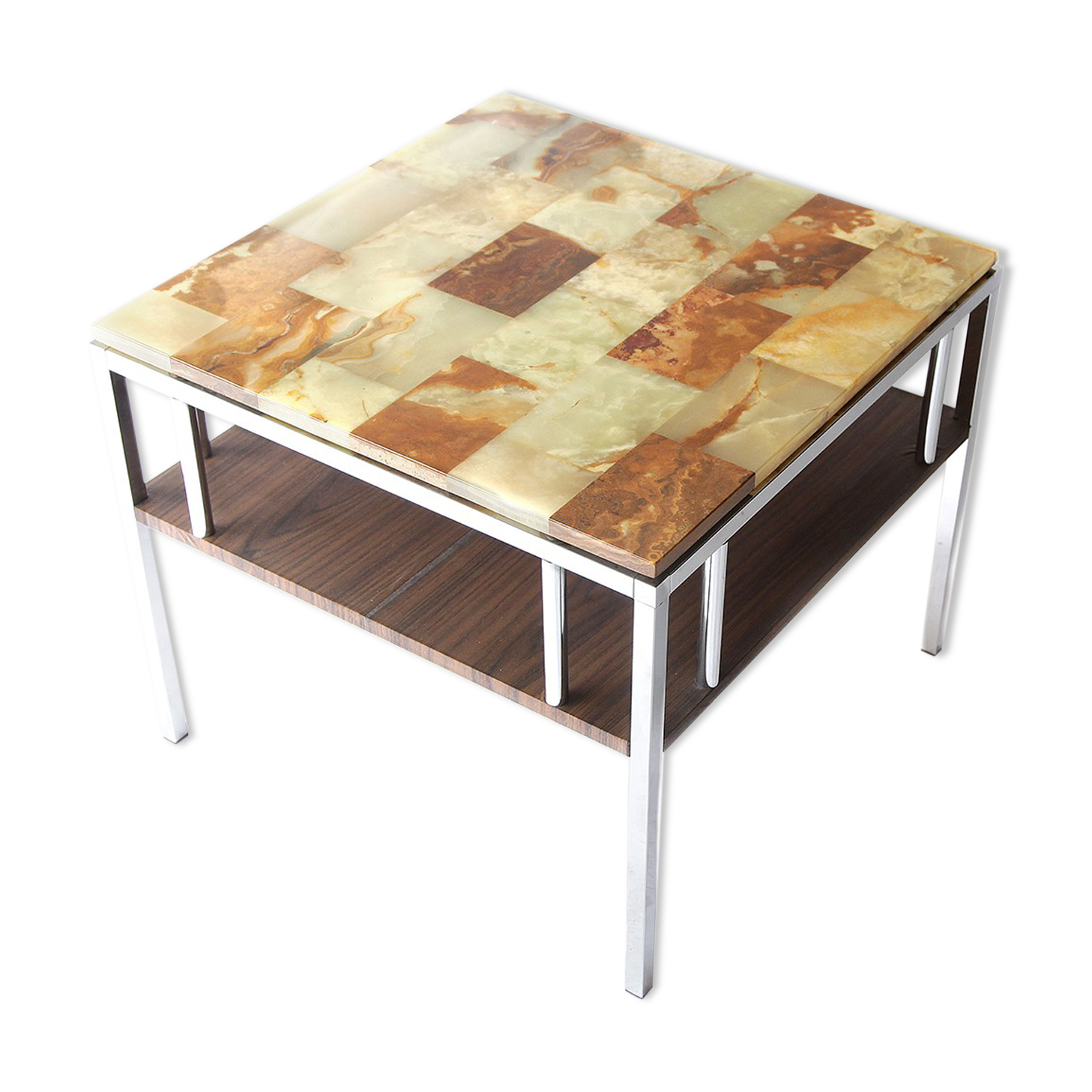 Vintage mid century chrome marble and onyx double top magazine rack table