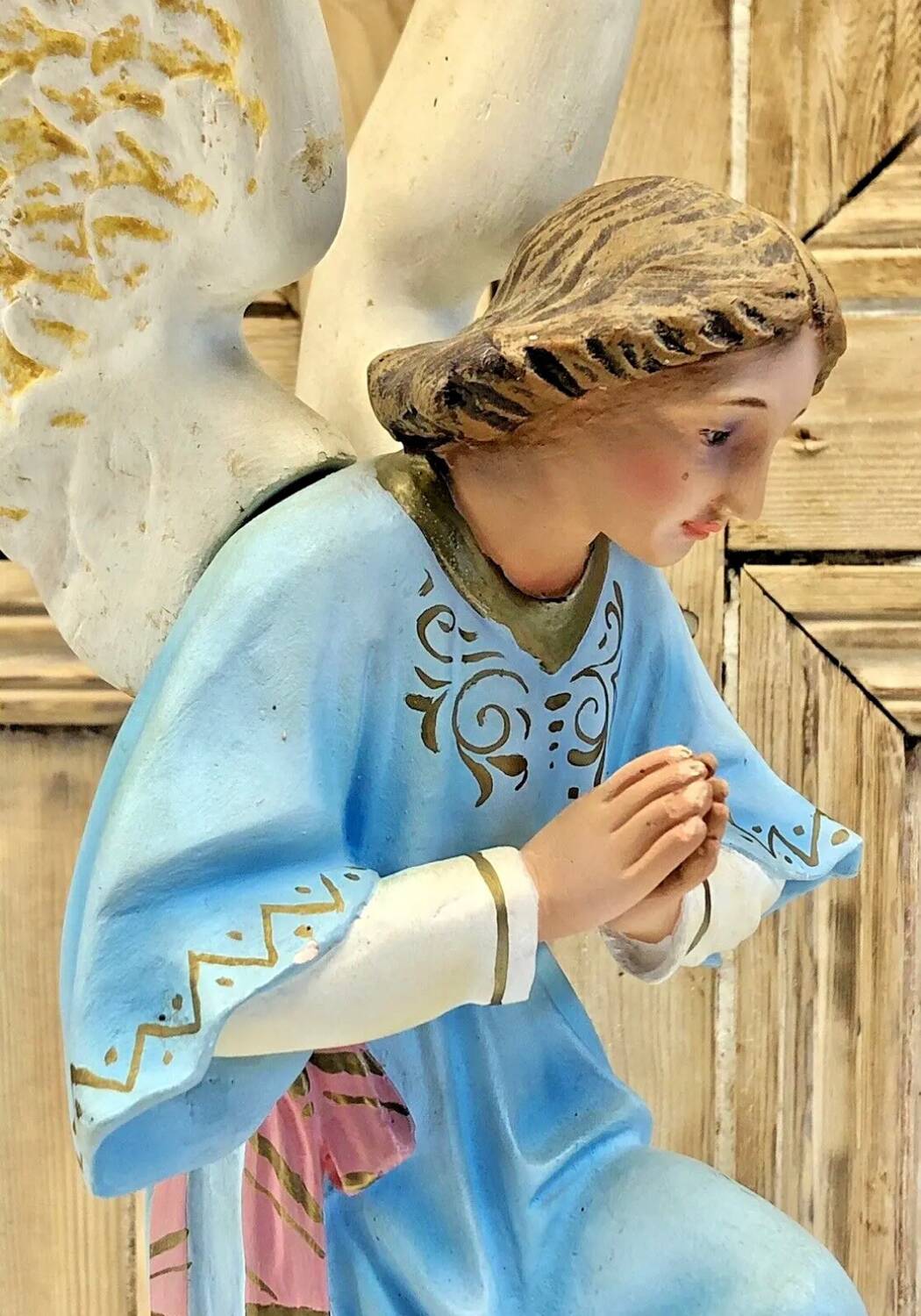 Large altar angel 42.5 cm plaster church statue sulphide eyes XIX