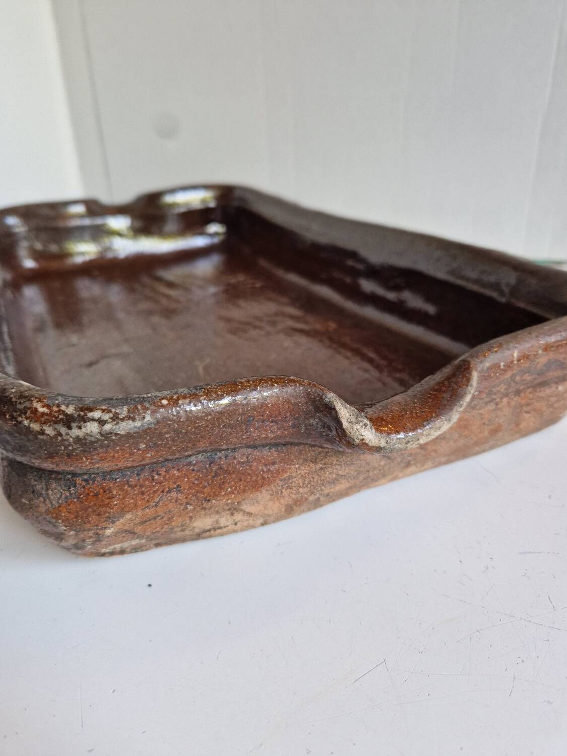Ancien Plat À Jus Lechefrite 19e Terre Cuite Vernissée Art Populaire