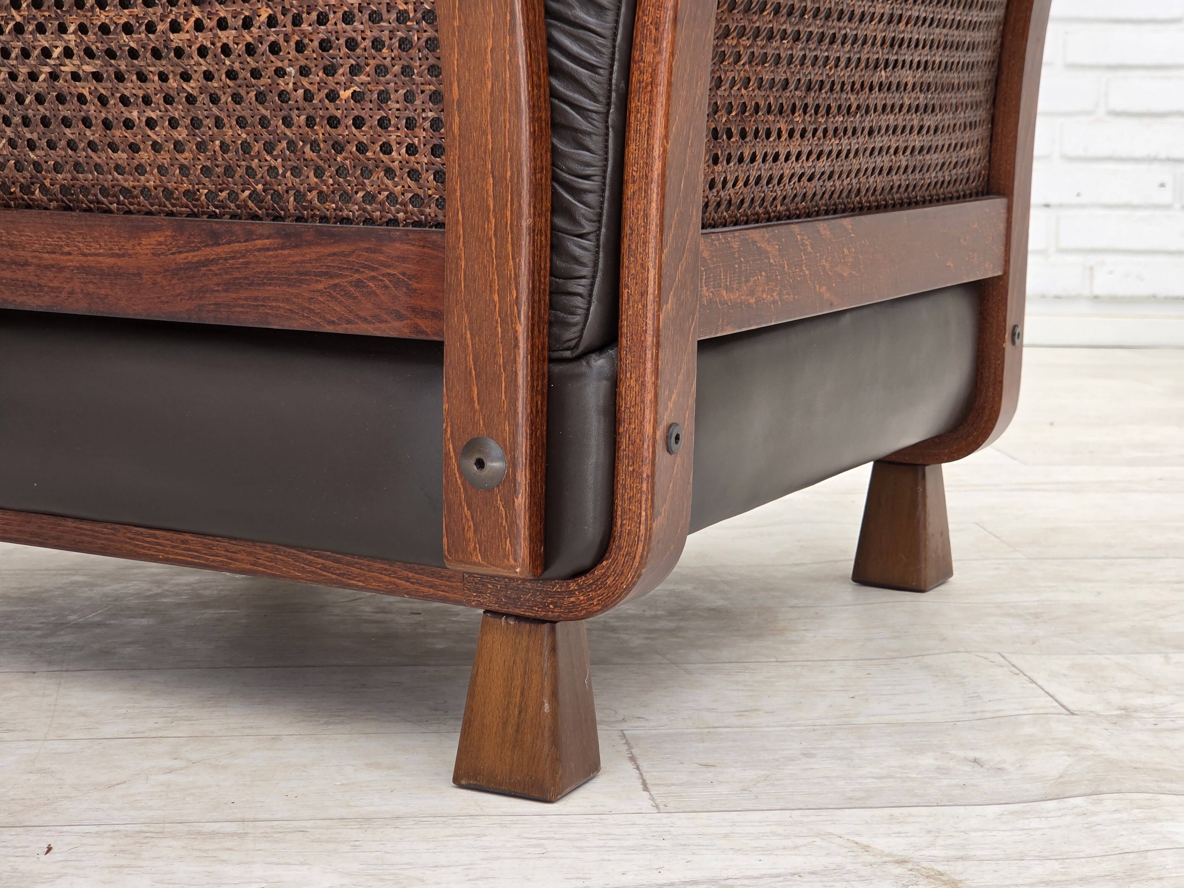 1970s, Scandinavian 3-seater sofa, furniture leather, teak wood legs.