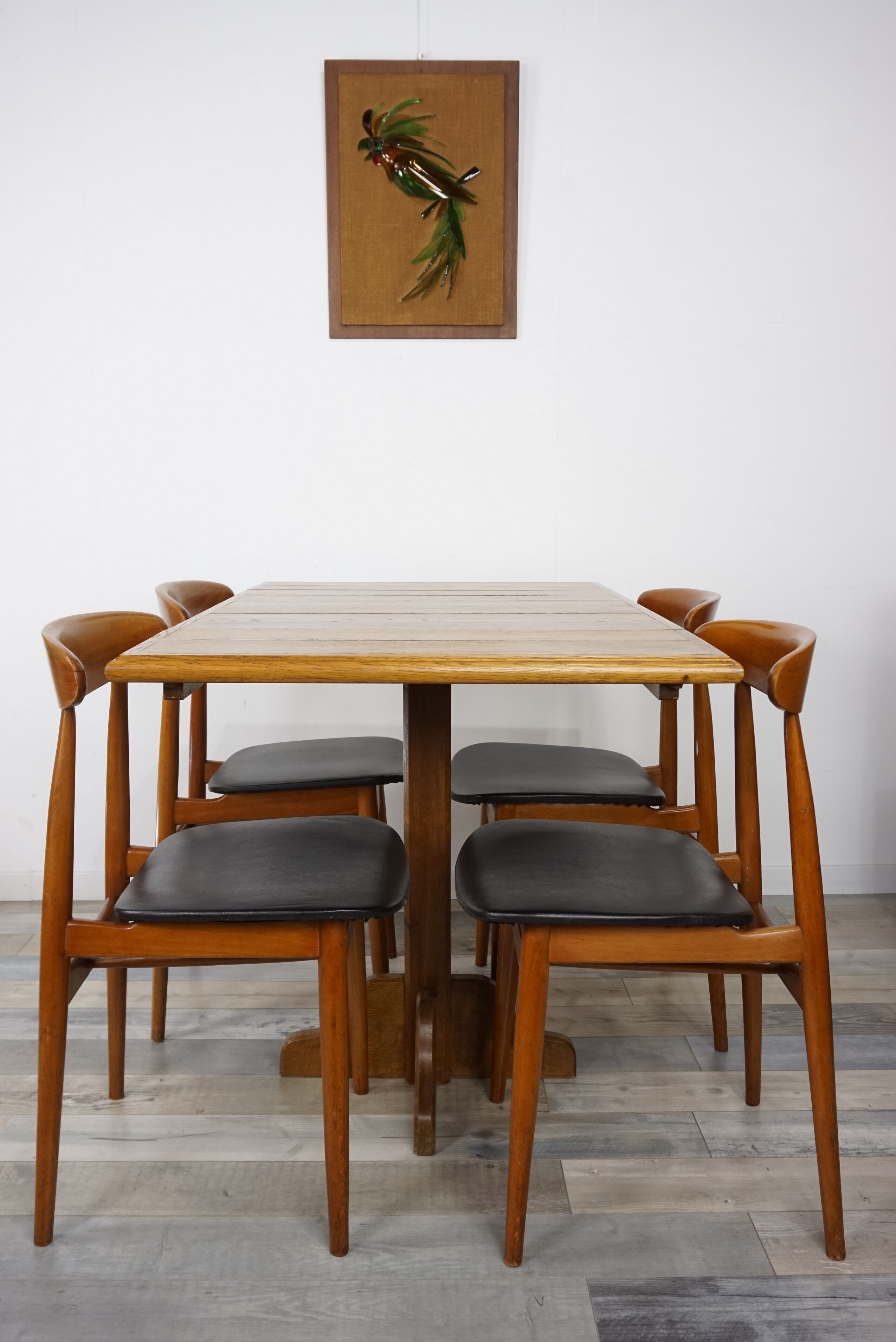 Set of 4 chairs 60s in teak and black leatherette