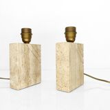 Pair of solid travertine table lamps with incised decoration, French production.