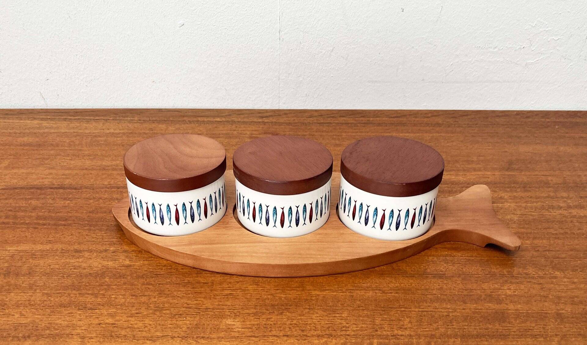 Sets of Swedish herring pots in ceramic and teak by Asa Lindberg for Sagaform, 2000s, set of 4.