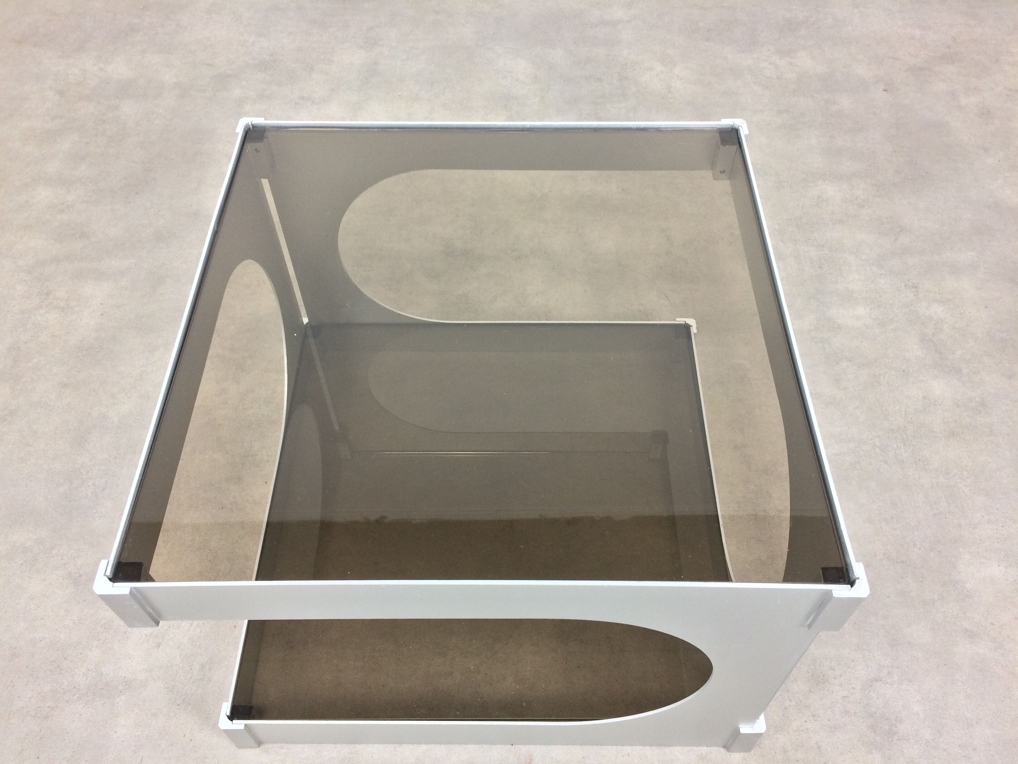 Side table space age aluminum smoked glass, end of sofa 1970