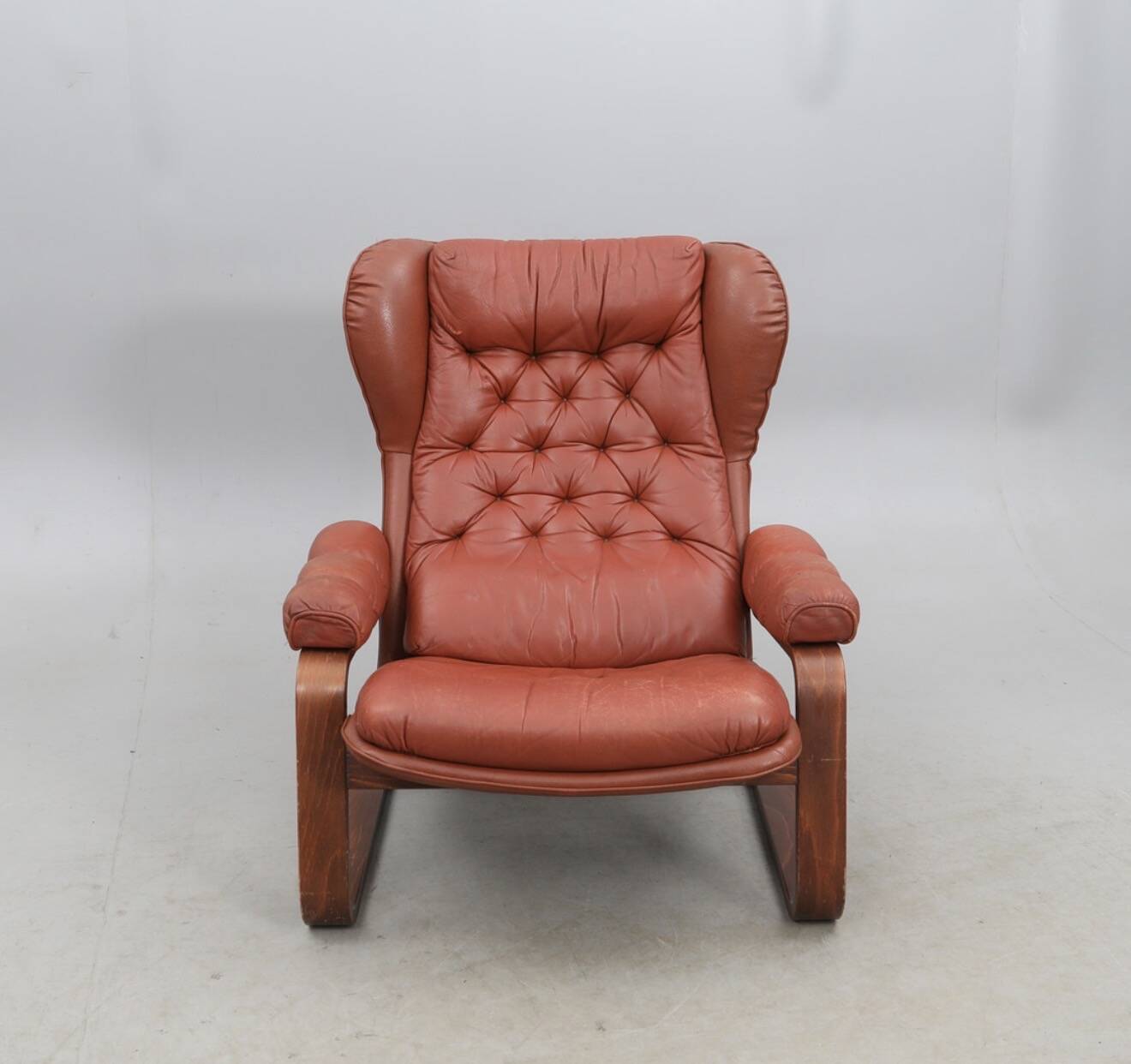 Sculptural Ear-Back Lounge Armchair — Moulded Wood — Deep Button