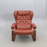 Sculptural Ear-Back Lounge Armchair — Moulded Wood — Deep Button