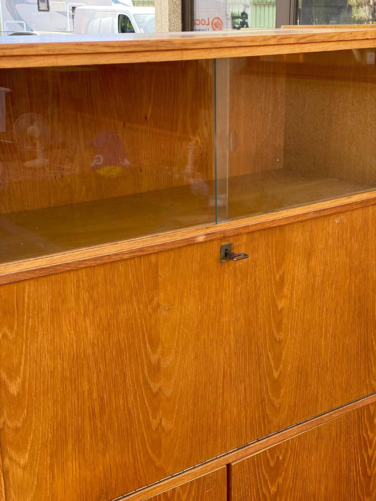 Vintage Scandinavian glass secretary with 3 doors