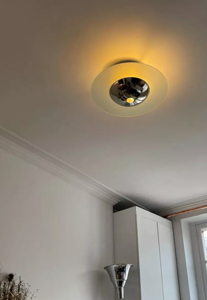 Vintage moon ceiling lamp, chrome and sandblasted glass, France 1970