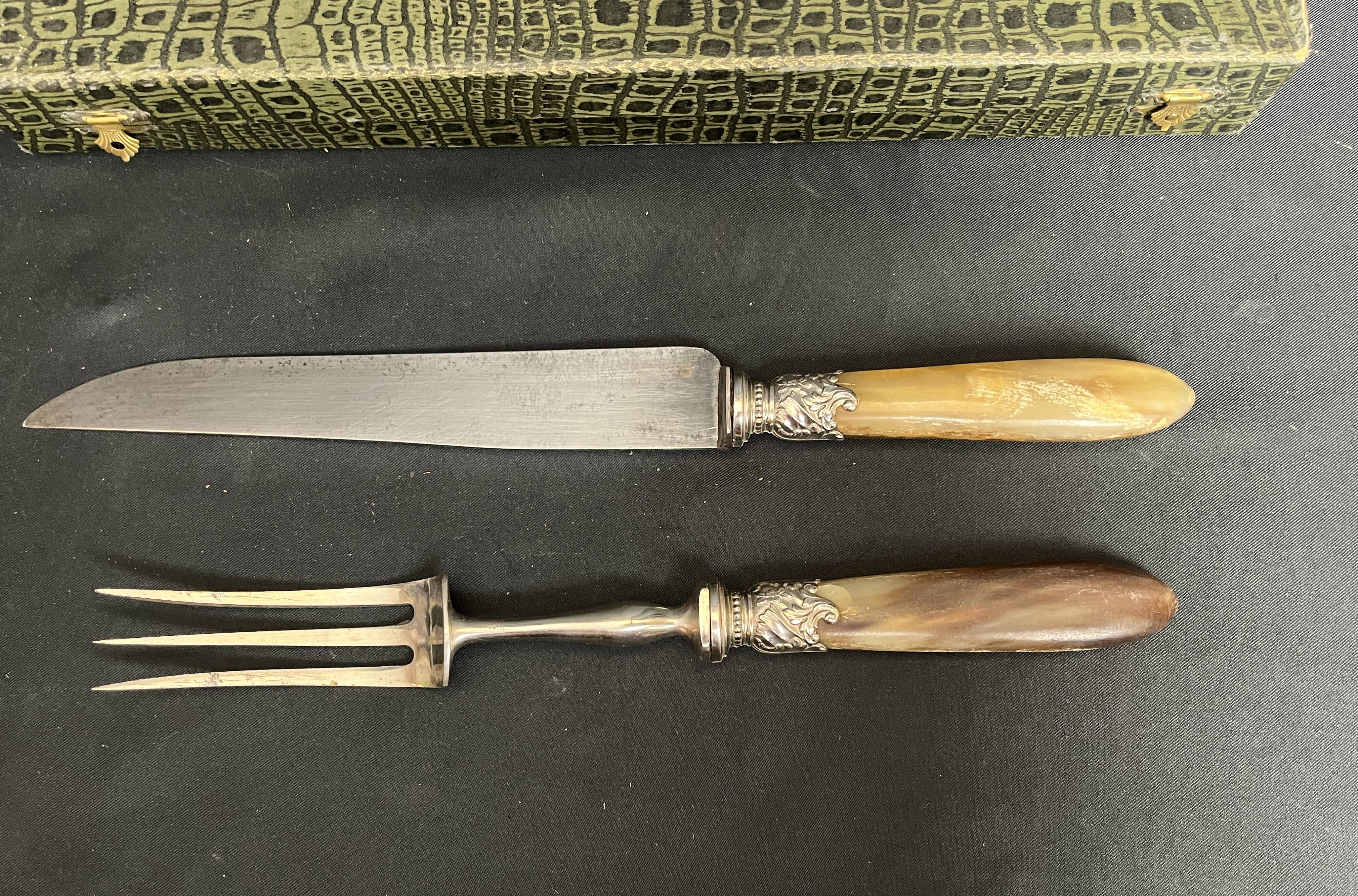 Tableware, silver-plated carving set with horn, early 20th century.