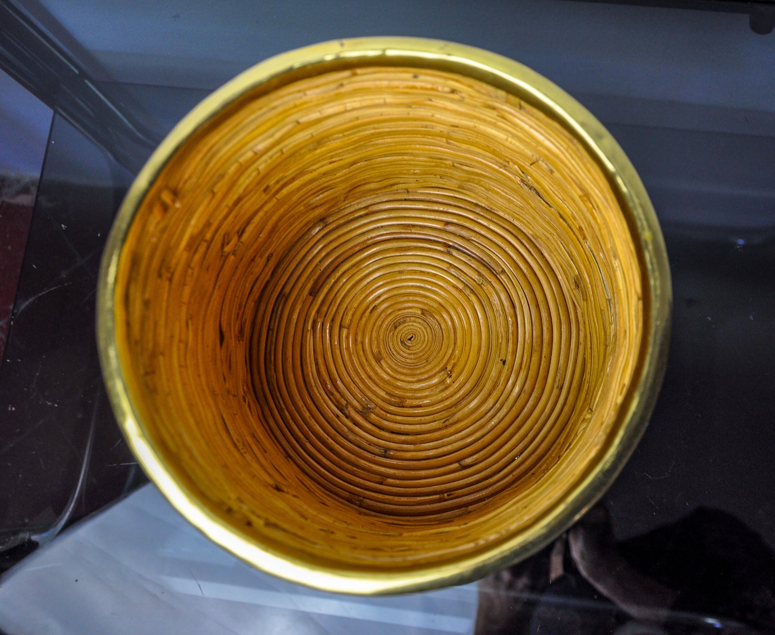 Rattan and brass book basket, Italy, 1970