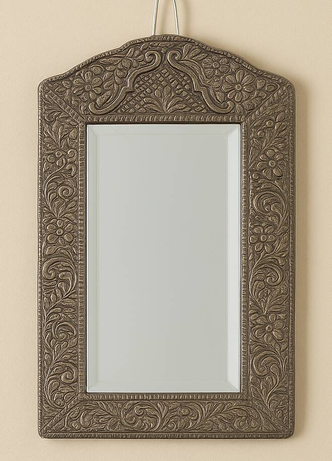 Oriental mirror in chiseled metal – beveled, for placing on a surface or hanging