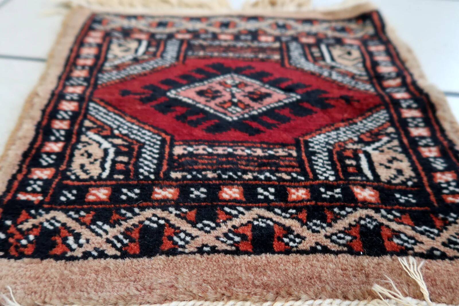 Handmade vintage Uzbek Bukhara mat rug 30cm x 30cm, 1960s