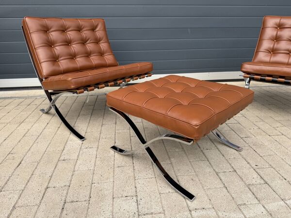 2x brand new original knoll barcelona relax + ottoman, venezia cognac cuir