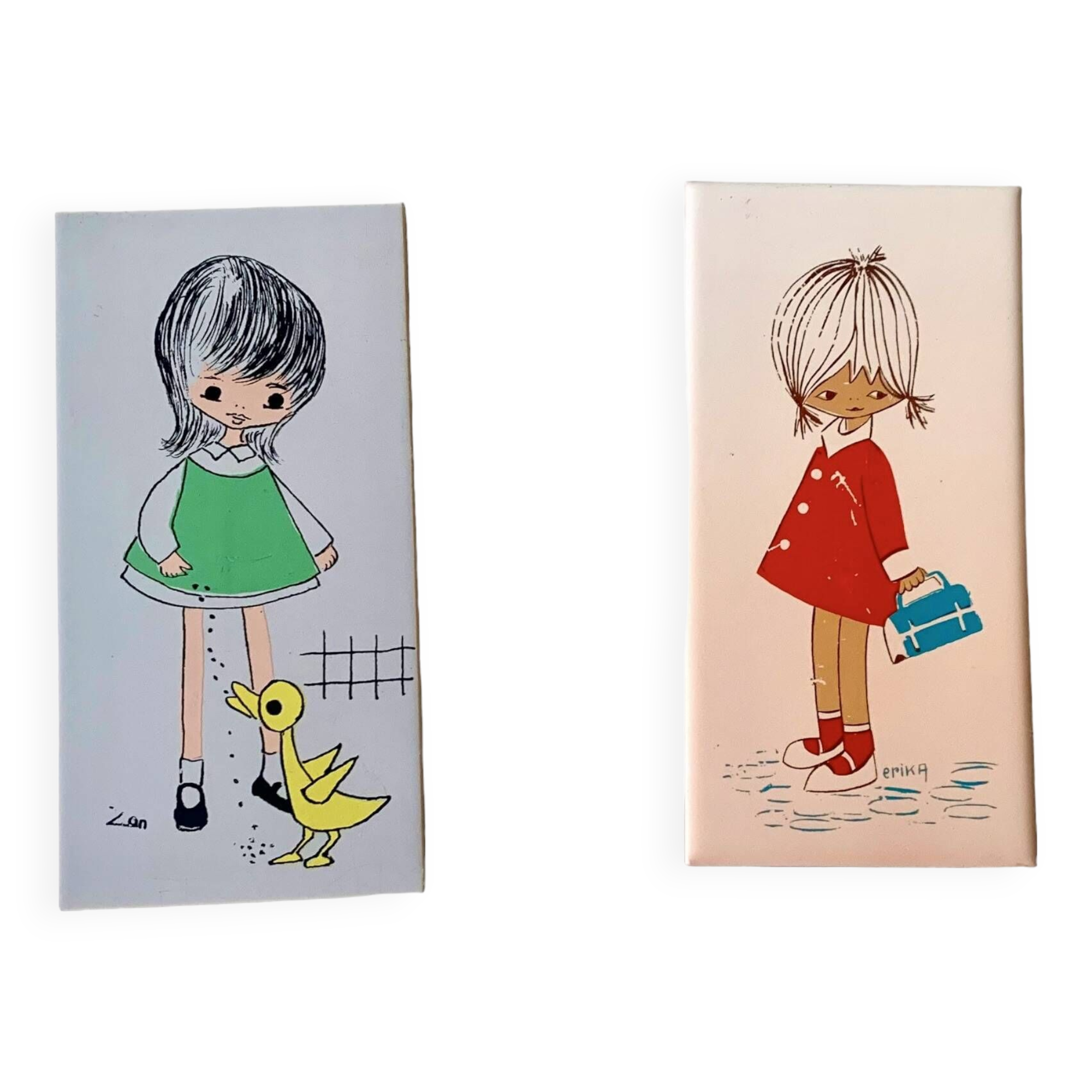 Pair of painted tile wall plates for children's bedroom