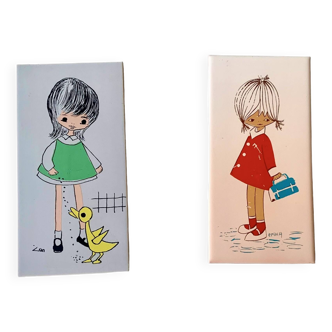 Pair of painted tile wall plates for children's bedroom
