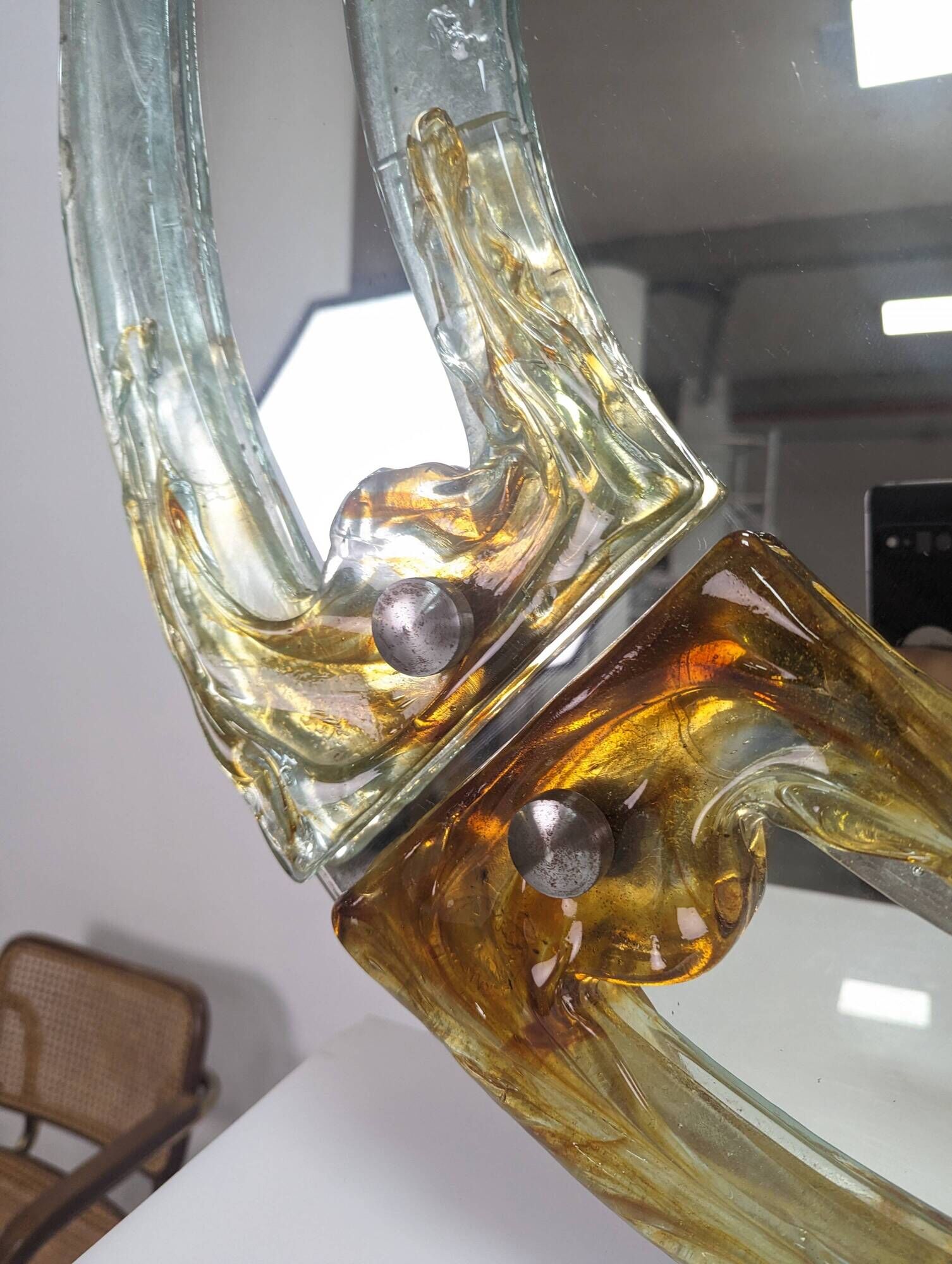 Venetian round mirror in amber murano glass by Mazzega 1960s
